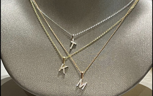 Diamond Letter Pendant and Necklace in Yellow, White, and Rose Gold.